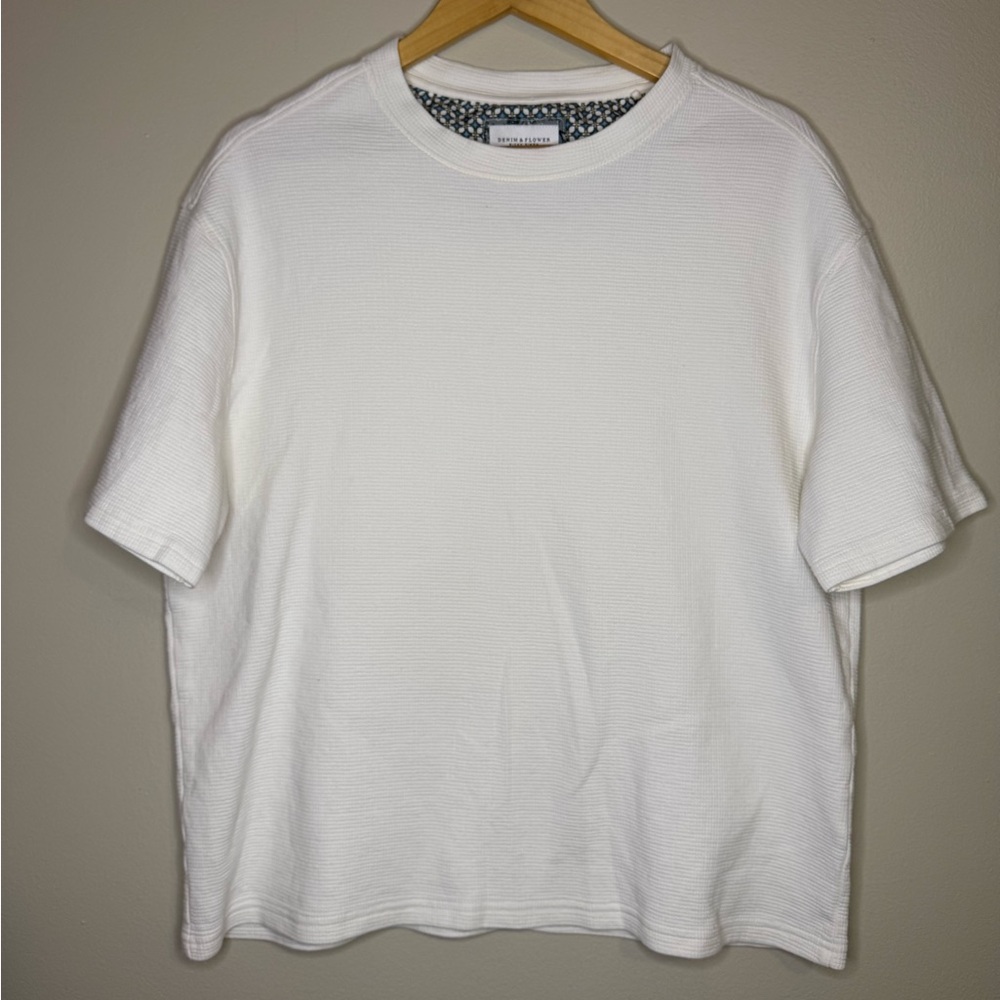 Denim‎ & Flower Ricky Singh White Textured Cotton T-Shirt | Relaxed Fit | Size M